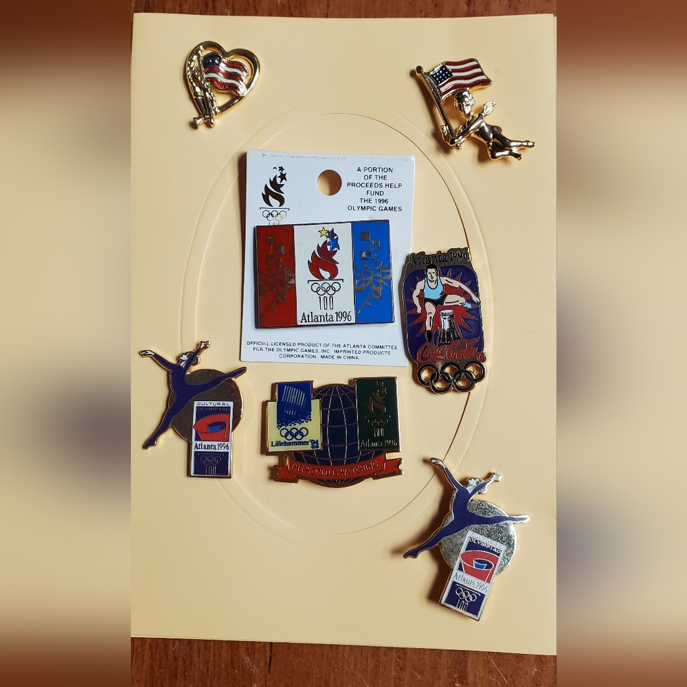 1996 Olympic Games Flag Lapel Hat Tie Pins Coca-Cola Gold Crown Qty 7